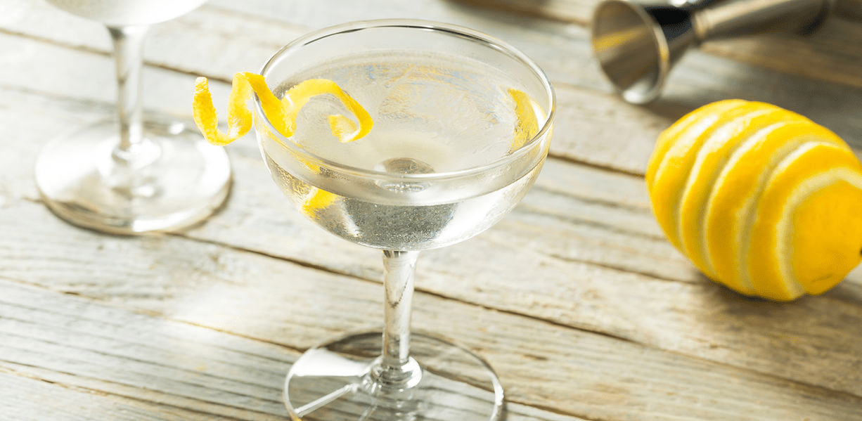 A glass of gin and tonic with lemon garnish.