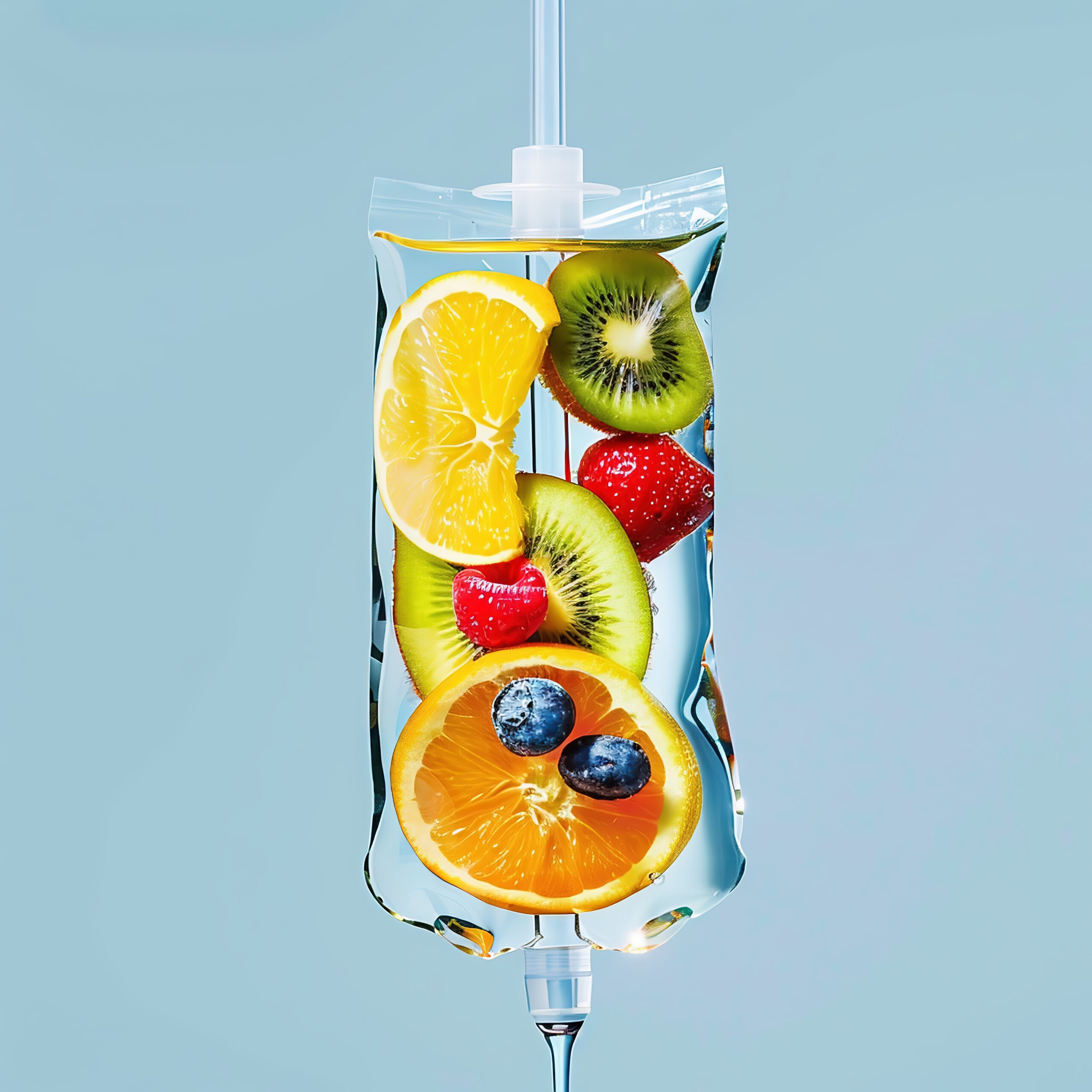 A fruit filled iv bag with various fruits in it.